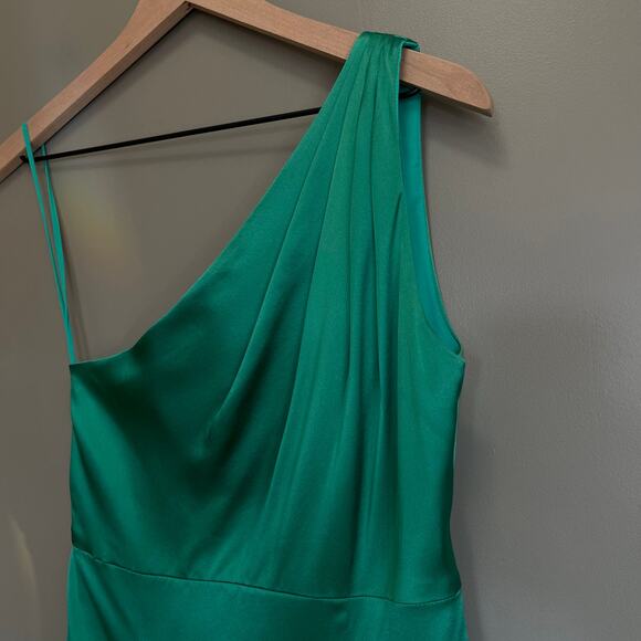 CINQ A SEPT Colina Satin One Shoulder Asymmetric Ruffle Dress Green Size 2 Chic - Picture 6 of 16
